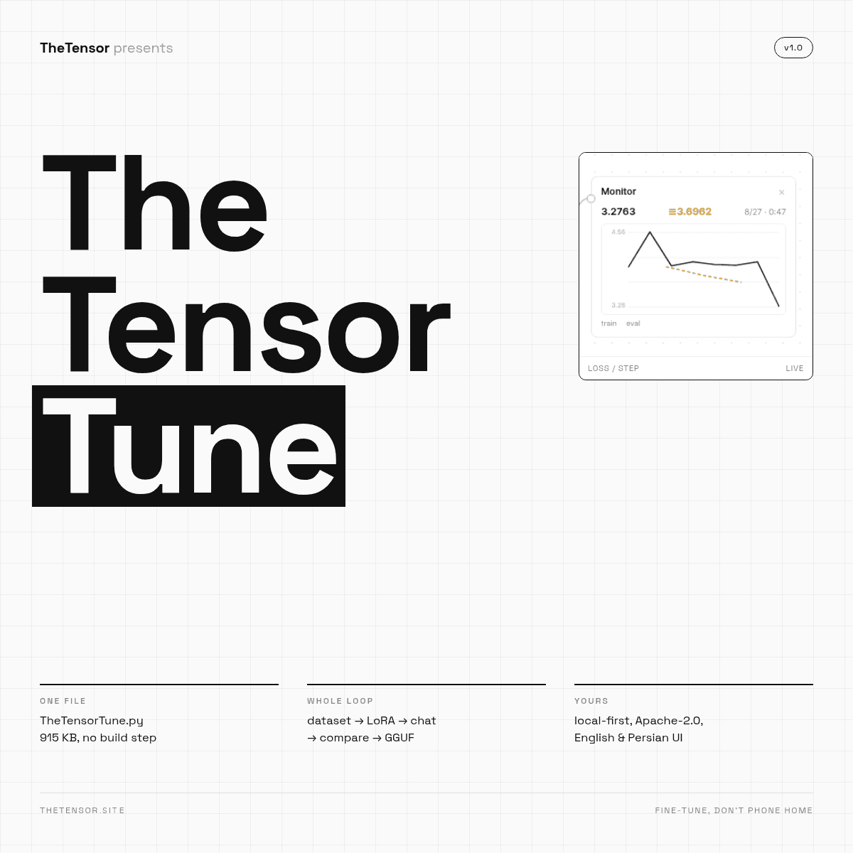 TheTensorTune typographic poster with a live loss chart